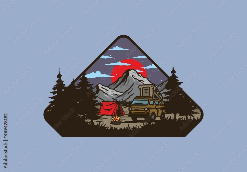 Fototapeta premium Night mountain camper van illustration drawing
