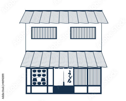 シンプルな1色白黒の線画のお店のイラスト　白い暖簾のうどん屋さんの建物　瓦葺き　和風
