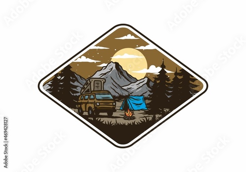 Night mountain camper van illustration drawing