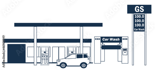 シンプルな1色白黒の線画のお店のイラスト　ガソリンスタンド　洗車機　給油機　gas station