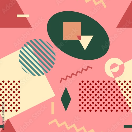Seamless geometric pattern in Memphis style on pink background. Vector design.