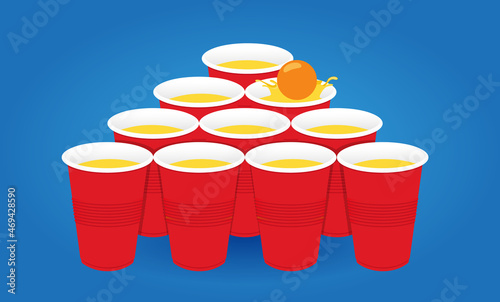 Red beer pong pyramyd illustration. Plastic cups and ball with splashing beer. Traditional party drinking game. Vector photo