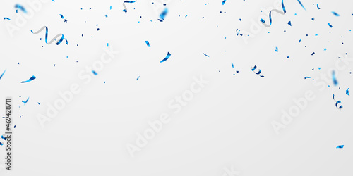 Template for celebration background with confetti and blue ribbon.