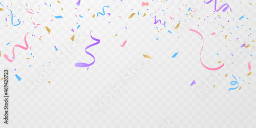 Celebration background template with confetti and colorful ribbons. © HNKz