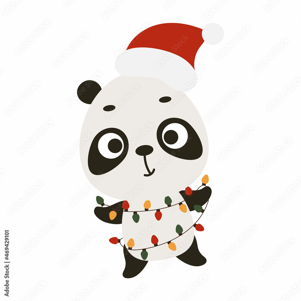 Cute Christmas panda with garland on white background. Cartoon animal character for kids cards, baby shower, invitation, poster, t-shirt composition, house interior. Vector stock illustration. Cute Christmas panda with garland on white background. Cartoon animal character for kids cards, baby shower, invitation, poster, t-shirt composition, house interior. Vector stock illustration.