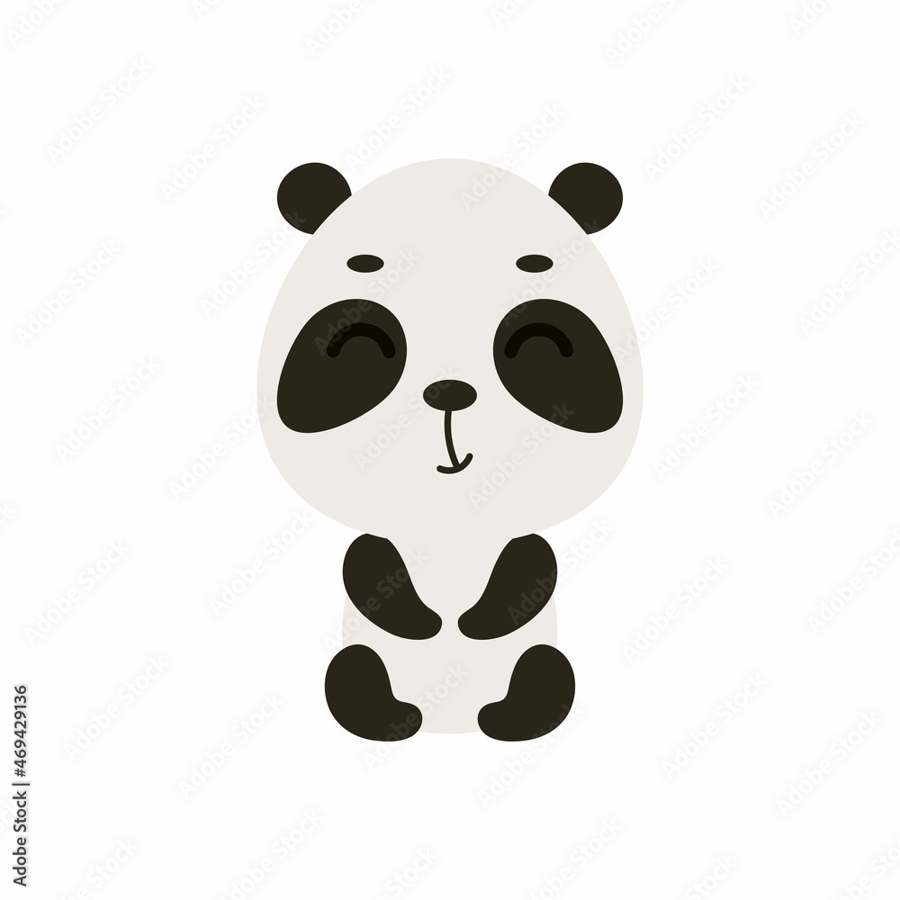Obraz premium Cute little sitting panda on white background. Cartoon animal character for kids cards, baby shower, invitation, poster, t-shirt composition, house interior. Vector stock illustration.