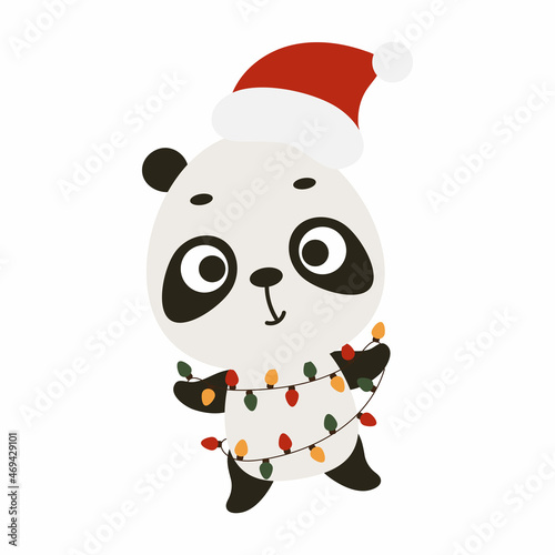 Cute Christmas panda with garland on white background. Cartoon animal character for kids cards, baby shower, invitation, poster, t-shirt composition, house interior. Vector stock illustration.