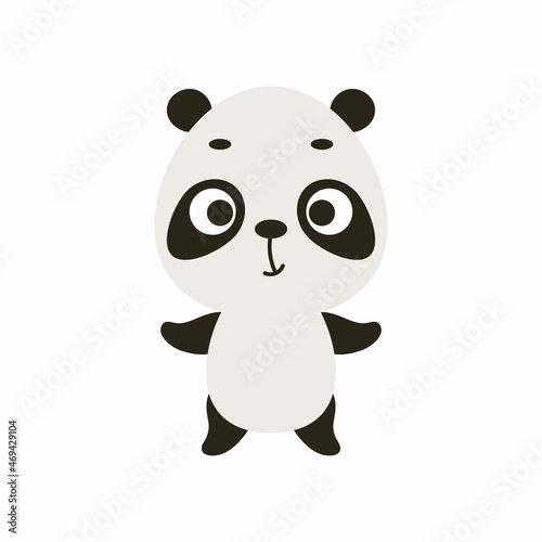 Cute little panda on white background. Cartoon animal character for kids cards, baby shower, invitation, poster, t-shirt composition, house interior. Vector stock illustration.