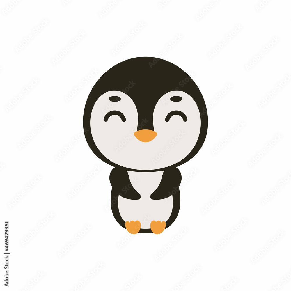 Obraz premium Cute little sitting penguin on white background. Cartoon animal character for kids cards, baby shower, invitation, poster, t-shirt composition, house interior. Vector stock illustration.