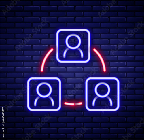 Glowing neon line Meeting icon isolated on brick wall background. Business team meeting, discussion concept, analysis, content strategy. Presentation conference. Colorful outline concept. Vector