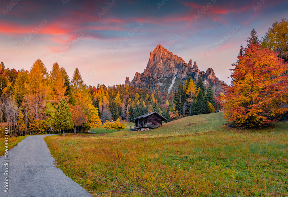 Splendid autumn view of Canali valley, Piereni location, Province of Trento, Italy, Europe. Spectacular morning scene of Dolomite Alps. Beauty of countryside concept background.