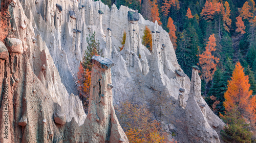 Unusual view of Earth pyramids of Platten - Spiky sand towers formed by water erosion and accessed by a woodland trail dotted with sculpture. Autumn in Dolomite Alps. 