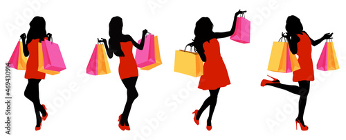 Shopping sillhouettes set. Black sillhouettes of women with shopping bags and red dress isolated on white background.