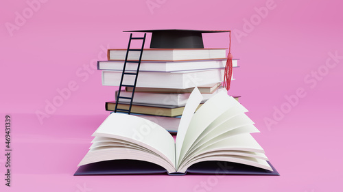 Graduation hat on stack books. Education  learning on school and university or idea concept. 3d illustration