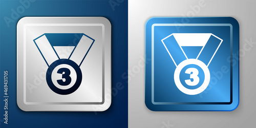 White Medal icon isolated on blue and grey background. Winner symbol. Silver and blue square button. Vector