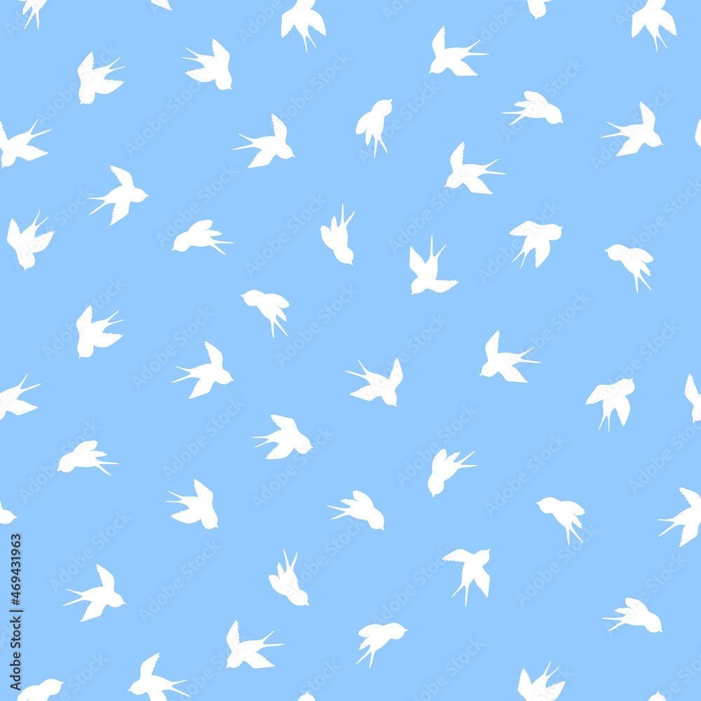 Seamless pattern with white swallow silhouette on blue background. Cute bird in flight. Vector illustration. Doodle style. Design for invitation, poster, card, fabric, textile