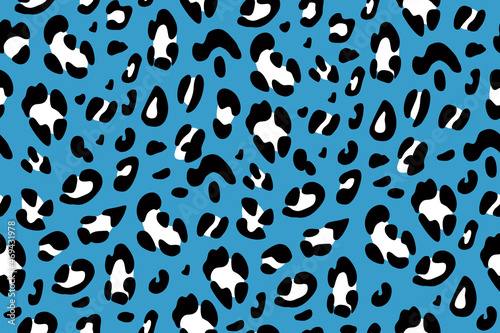 Leopard seamless pattern on a blue background. Animalistic print for clothes. Vector hand-drawn background