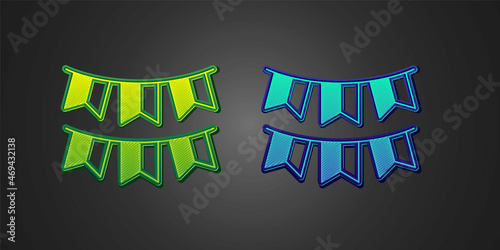 Green and blue Carnival garland with flags icon isolated on black background. Party pennants for birthday celebration, festival decoration. Vector