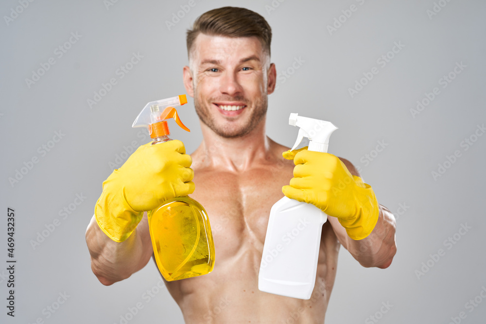 man with pumped up muscular body detergent rubber service gloves man with pumped up muscular body detergent rubber service gloves