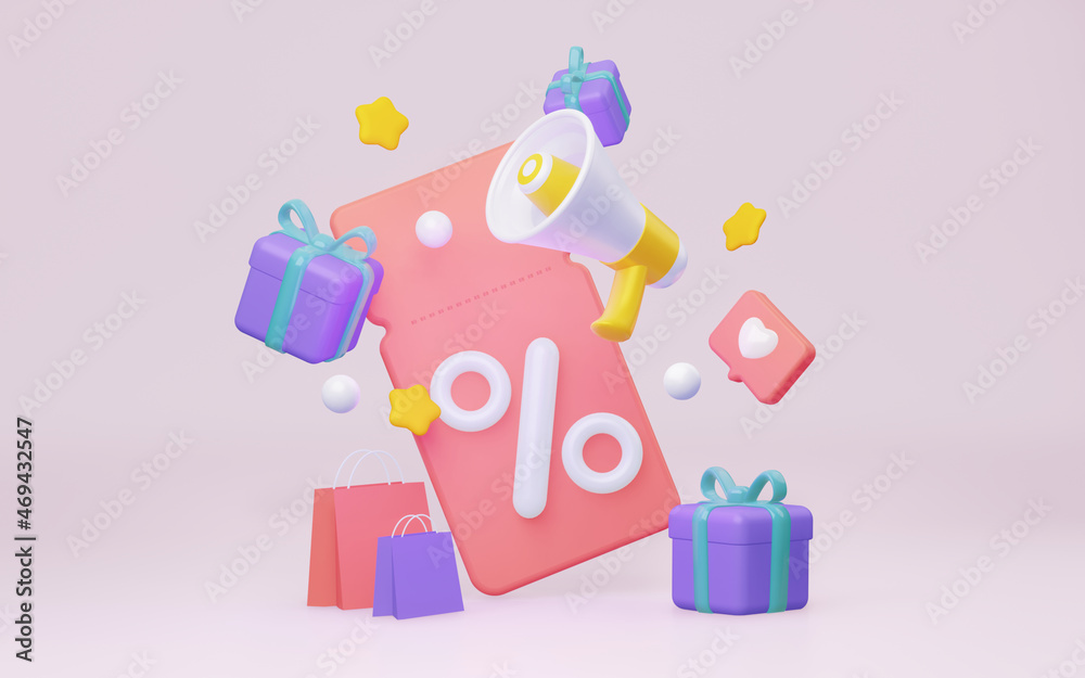 A coupon with gifts and a coupon with a percentage sign. Creative concept of online bargain shopping. 3d rendering