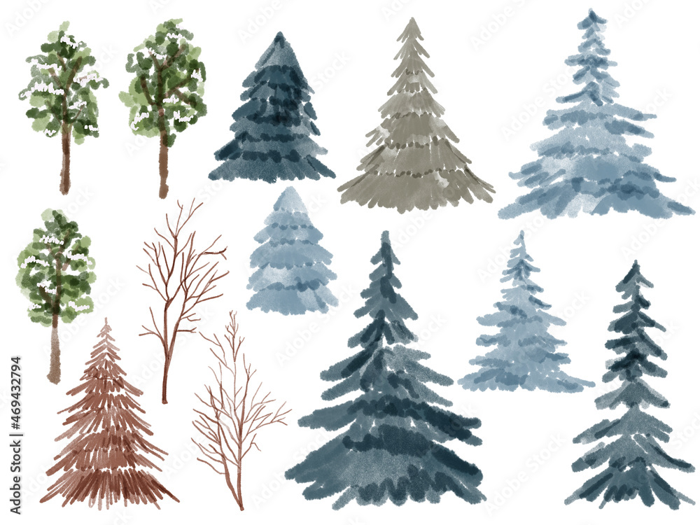 Set of spruce, pine trees, trees, dry wood element isolated on a white background  Illustration