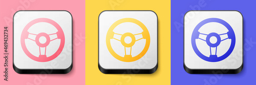 Isometric Racing simulator cockpit icon isolated on pink, yellow and blue background. Gaming accessory. Gadget for driving simulation game. Square button. Vector