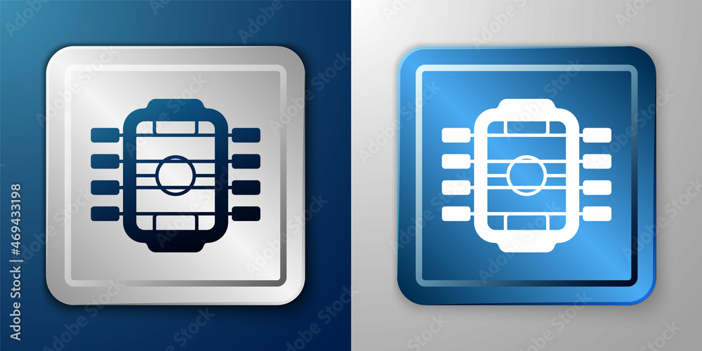 White Table football game hobby or leisure icon isolated on blue and grey background. Sport team football players. Silver and blue square button. Vector