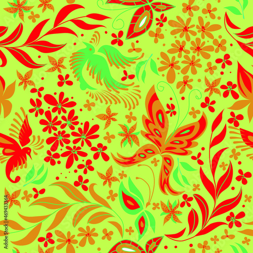 Seamless green and red pattern with tropical birds  butterflies and orchid flowers