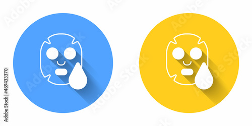 White Facial cosmetic mask icon isolated with long shadow background. Cosmetology, medicine and health care. Circle button. Vector