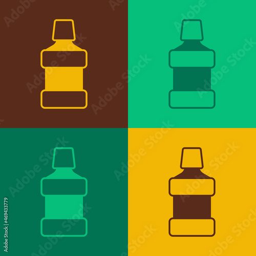 Pop art Mouthwash plastic bottle icon isolated on color background. Liquid for rinsing mouth. Oralcare equipment. Vector