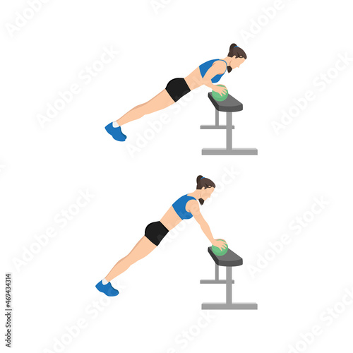 Woman doing Incline medicine ball push up exercise. Flat vector illustration isolated on white background. workout character set