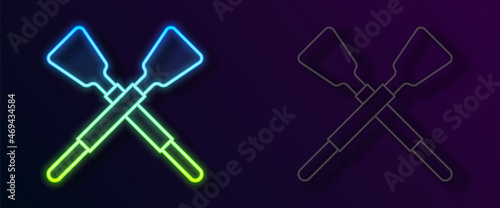 Glowing neon line Crossed oars or paddles boat icon isolated on black background. Vector