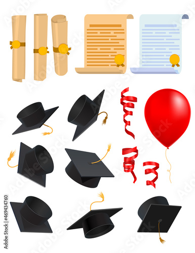Vector illustration of graduation. Caps graduate, diploma, red tape, balloons. Icons for a web page.
