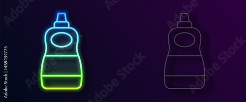 Glowing neon line Dishwashing liquid bottle icon isolated on black background. Liquid detergent for washing dishes. Vector