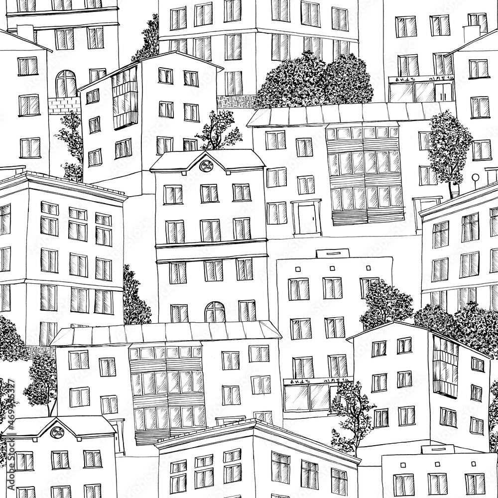 Hand drawing Houses seamless pattern. Sketch on a white background.