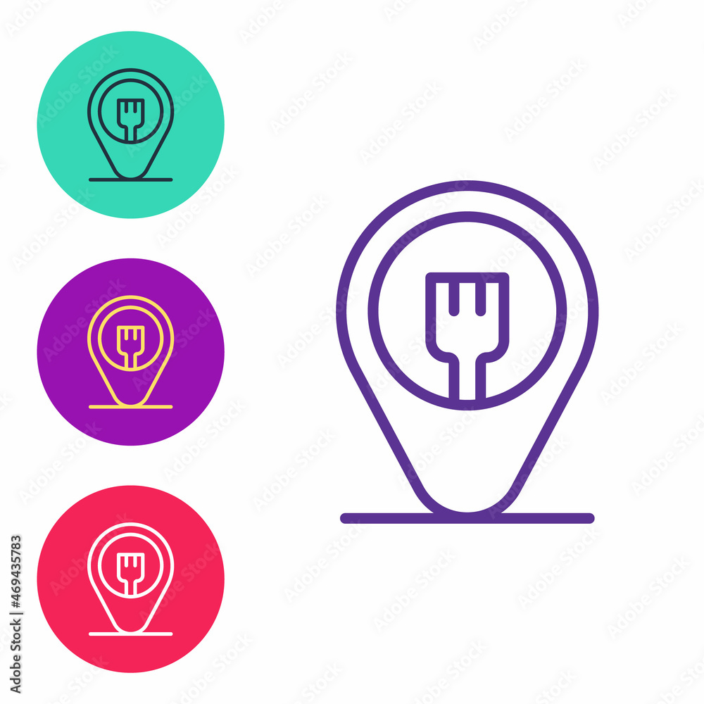 Set line Cafe and restaurant location icon isolated on white background. Fork eatery sign inside pinpoint. Set icons colorful. Vector.