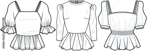 Women Peplum Top Styles, Puff Sleeve, Three Quarter Sleeve,  Poet Sleeve. Front and Back View. Fashion Illustration, Vector, CAD, Technical Drawing, Flat Drawing.