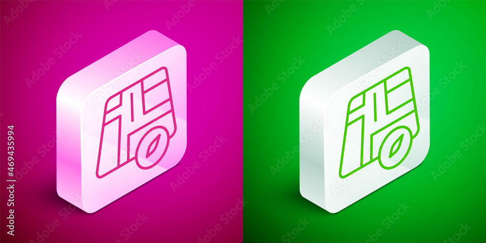 Isometric line Map pointer with taxi car icon isolated on pink and green background. Location symbol. Silver square button. Vector Isometric line Map pointer with taxi car icon isolated on pink and green background. Location symbol. Silver square button. Vector