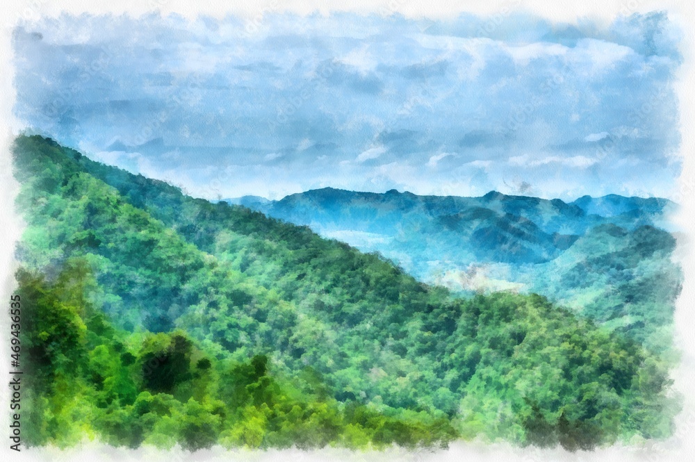 mountain landscape watercolor style illustration impressionist painting.