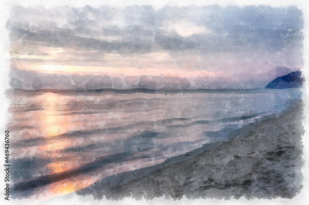 seaside beach landscape watercolor style illustration impressionist painting.