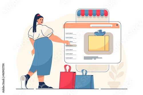 Mobile commerce concept for web banner. Woman making purchases ordering at website shop, online payment at app modern person scene. Vector illustration in flat cartoon design with people characters