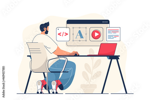Web design concept for web banner. Man creates site layout, places graphic elements and navigation buttons page, modern person scene. Vector illustration in flat cartoon design with people characters