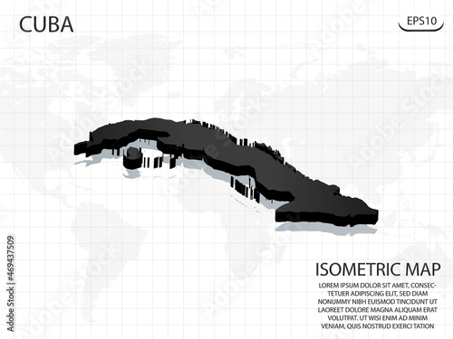 3D Map black of Cuba on world map background .Vector modern isometric concept greeting Card illustration eps 10.