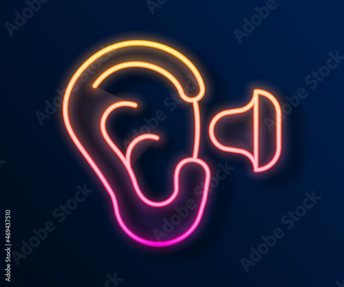 Glowing neon line Earplugs and ear icon isolated on black background. Ear plug sign. Noise symbol. Sleeping quality concept. Vector