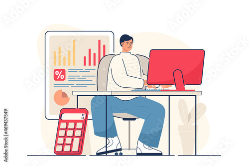 Accounting concept for web banner. Man bookkeeper studying financial statistics, company profit or business date modern person scene. Vector illustration in flat cartoon design with people characters