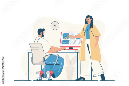 Design studio concept for web banner. Woman and man designers team create website layout and draw elements, modern person scene. Vector illustration in flat cartoon design with people characters
