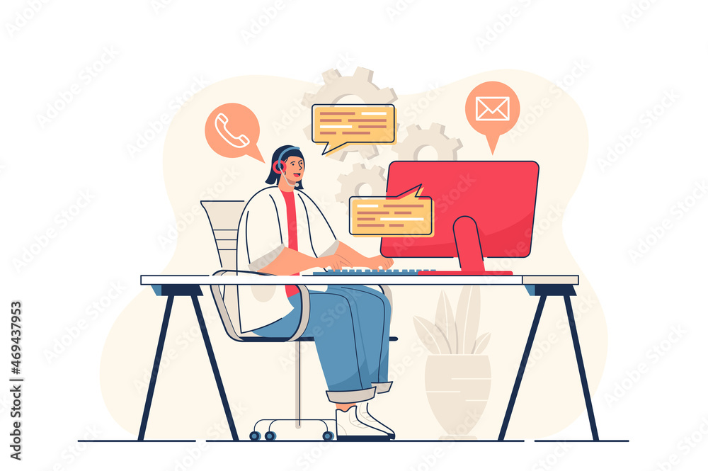 Customer service concept for web banner. Call center operator in headphones talks with client, hotline consultant modern person scene. Vector illustration in flat cartoon design with people characters