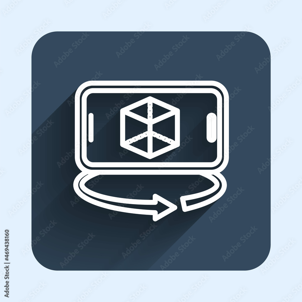 White line 3d modeling icon isolated with long shadow background. Augmented reality or virtual reality. Blue square button. Vector White line 3d modeling icon isolated with long shadow background. Augmented reality or virtual reality. Blue square button. Vector