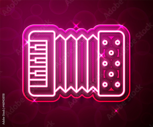Glowing neon line Musical instrument accordion icon isolated on red background. Classical bayan, harmonic. Vector