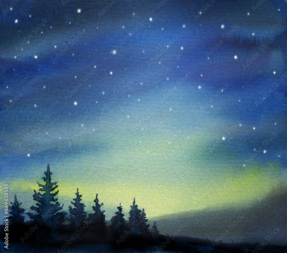 Watercolor illustration of peaceful spruce trees and blue night starry sky, background for creative design, print, winter greeting card, hand drawn water color drawing .